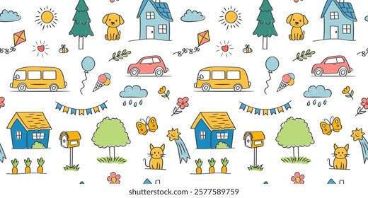 Cute doodle colorful chalk children's drawings seamless pattern. House, tree, cat, bus, car, dog on white background. Vector background.