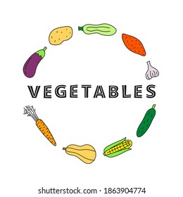 Cute doodle colorful food vegetable icons including garlic, cucumber, sweet potato, corn, zuccini, eggplant, butternut, carrot in circle.