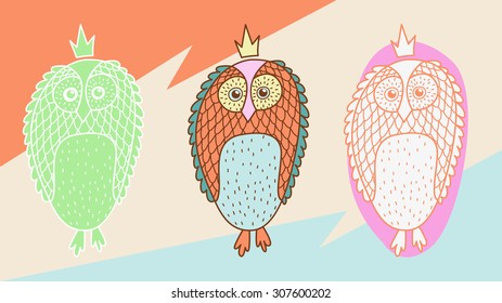 Cute doodle colorful owls set