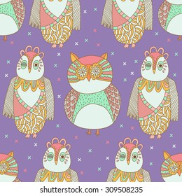 Cute doodle colorful owls vector seamless pattern