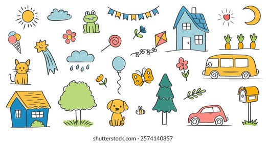 Cute doodle colorful set of chalk children's drawings. House, tree, cat, dog on white background. Vector background.