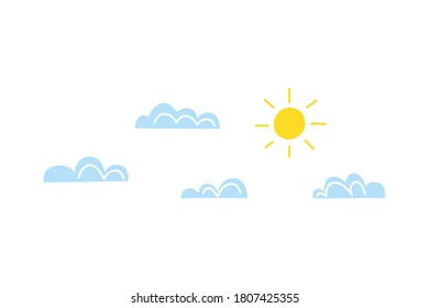 Cute doodle colorful sun and clouds isolated on white background.