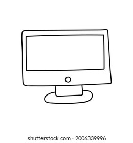 Cute doodle computer for business, communication, education, games. Device for office, working at home, at cafe. Vector illustration isolated on background with hand drawn outline.