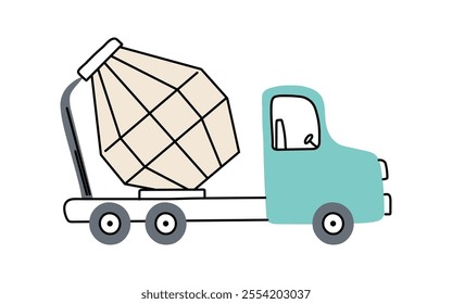 Cute doodle concrete mixer for kids. A simple icon of a concrete mixer on a white background. Vector