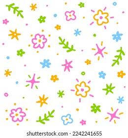 Cute Doodle Confetti Daisy Flower Blossom Floral Sprinkle Sparkle Flower Ditsy Shine Dot Line Hand Drawing Cartoon Colorful Seamless Pattern Background for Spring Summer Party Celebration