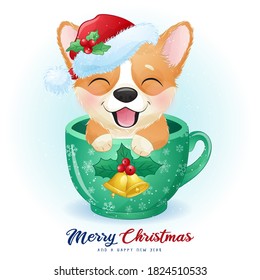 Cute doodle corgi for christmas day with watercolor illustration