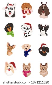 Cute doodle corgi for christmas. Cute dogs in Santa Claus hat. Collection of funny dogs of different breeds. Merry Christmas and Happy New Year 2021. Vector illustration