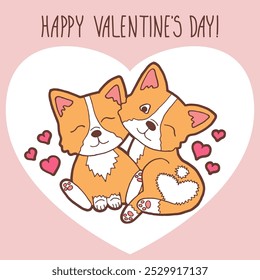 Bonito rabiscar corgis no amor. Cartão Feliz Dia dos Namorados com dois filhotes corgi. 