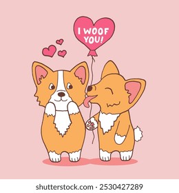 Cute doodle corgis in love. Happy Valentines Day card with two puppies corgi. I woof you