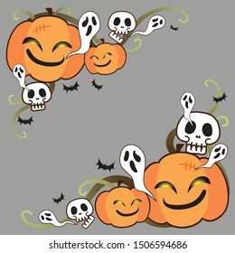Cute Doodle Corner Design Halloween Pumpkins with Skulls Ghosts and Bats