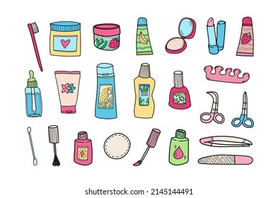 Cute Doodle Cosmetic Products And Makeup Accessories Icon Set Isolated On White. Colorful Cartoon Style Cream Tube, Hair Shampoo, Lip Balm, Manicure Stuff, Oral Teeth Care Set. Korean Skincare Set.