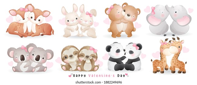 Cute doodle couple animals for valentine’s day