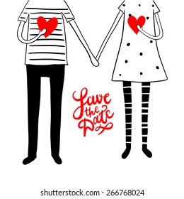 Cute doodle couple with hearts and hand lettering "save the date"