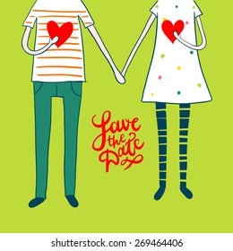 Cute doodle couple with hearts and hand lettering "save the date"