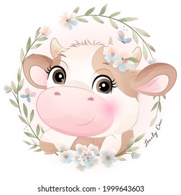 Cute doodle cow baby shower with watercolor illustration