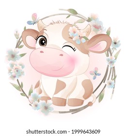 Cute doodle cow baby shower with watercolor illustration