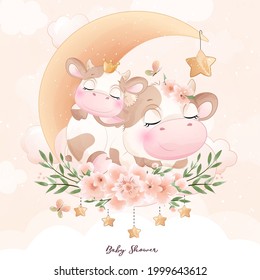 Cute doodle cow baby shower with watercolor illustration