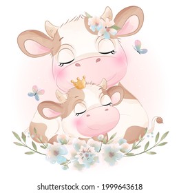 Cute doodle cow baby shower with watercolor illustration