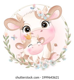 Cute doodle cow baby shower with watercolor illustration