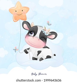 Cute doodle cow baby shower with watercolor illustration