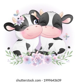 Cute doodle cow baby shower with watercolor illustration