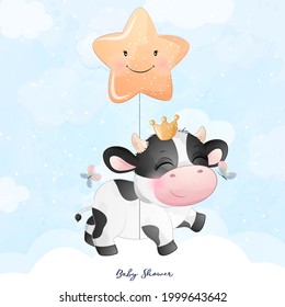 Cute doodle cow baby shower with watercolor illustration