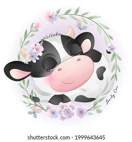 Cute doodle cow baby shower with watercolor illustration