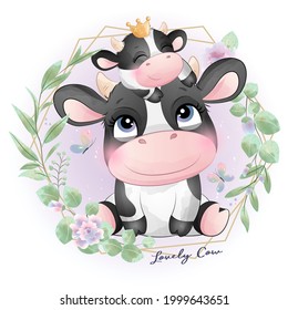 Cute doodle cow baby shower with watercolor illustration