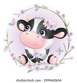 Cute doodle cow baby shower with watercolor illustration