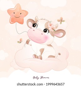 Cute doodle cow baby shower with watercolor illustration