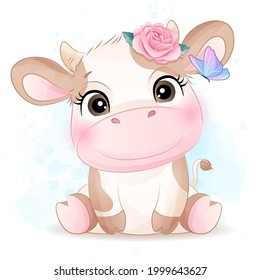 Cute doodle cow with watercolor illustration