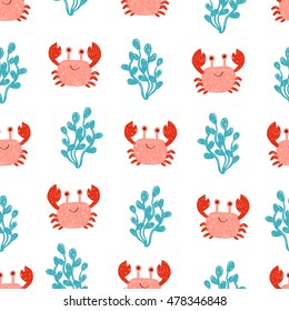 Cute doodle crabs seamless pattern. Vector sea background in pink and blue colors. 