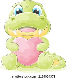Cute doodle crocodile hugging heart shaped balloon with watercolor illustration