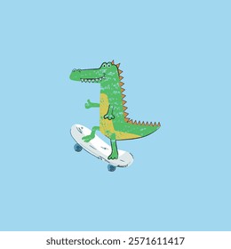 Cute doodle crocodile on a skateboard, vector illustration. Alligator hand drawn in cartoon style. Children's print, poster. Charcoal, crayon texture.