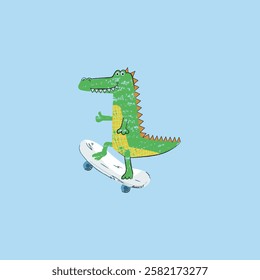 Cute doodle crocodile on a skateboard, vector illustration. Alligator hand drawn in cartoon style. Children's print, poster. Charcoal, crayon texture.