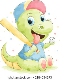Cute doodle crocodile playing baseball with watercolor illustration
