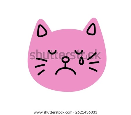Cute doodle cry cat face icon. Sad crying cat. Kitty kawaii emoji. Hand drawn animal emoticon. Expression kitty head. Bad mood. Vector illustration isolated on white background.