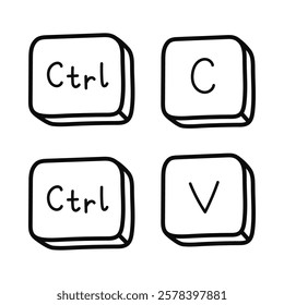 Cute doodle Ctrl C and Ctrl V keyboard buttons. Copy and paste key shortcuts for PC, computer and laptop. Key combination for insert text, images. Hand drawn clipart isolated on white with outline.