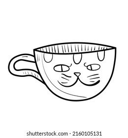 Cute doodle Cup Katze Illustration. Umarmen Sie die Ikone für Tee oder Kaffee. Schwarze Linie Kunst auf weißem Hintergrund.