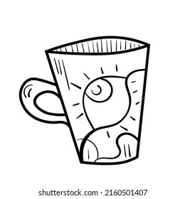 Cute doodle cup with eye illustration. Mug for tea or coffee icon. Black line art on white background.