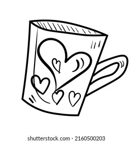 Cute doodle cup with hearts illustration. Mug for tea or coffee icon. Black line art on white background.
