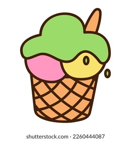 Cute taza de doodle con tres cucharas de helado de la colección de pegatinas de niñas. Ilustración de color vectorial de dibujos animados.