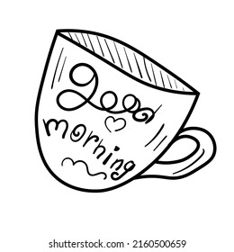 Cute taza de doodle con buen tipo de ilustración matutina. Icono de taza de té o café. Arte de línea negra con fondo blanco.