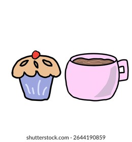 Cute doodle of cupcake and coffee in hand-drawn cartoon style. Perfect for breakfast icons, bakery menu, stickers, or cafe-themed designs.