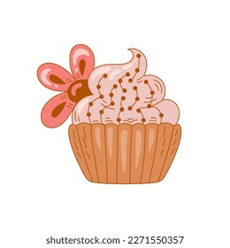 Cute doodle cupcake with flower. Sweet food isolated vector illustration for restaurant, menu, kids, delivery, bakery, confectionery. Element design