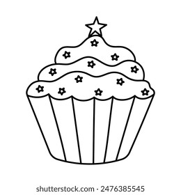 Cute doodle cupcake with star decoration. Outline icing muffin as symbol of Independence day, 4th July, freedom, democracy. Hand drawn black and white illustration isolated.