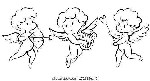 Ilustrações bonitas doodle cupid com cupido com arco, cupido com alaúde, e cupido segurando seta de amor. Perfeito para cartões de Dia dos Namorados, banners, projetos românticos e promoções.