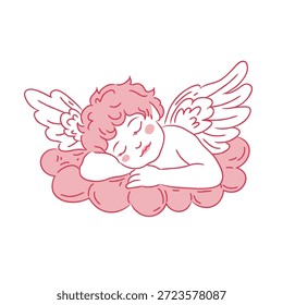 Lindo doodle cupido durmiendo en la nube. Niño dibujado a mano con alas, ángel del día de San Valentín