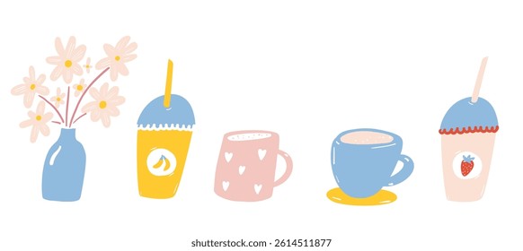Cute doodle cups and glasses of coffee, tea and strawberry milkshake. Illustrations set of cafe kitchenware.