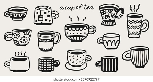 Cute doodle cups of tea or coffee. Hand drawn vector set. Teacup collection for English afternoon tea ceremony